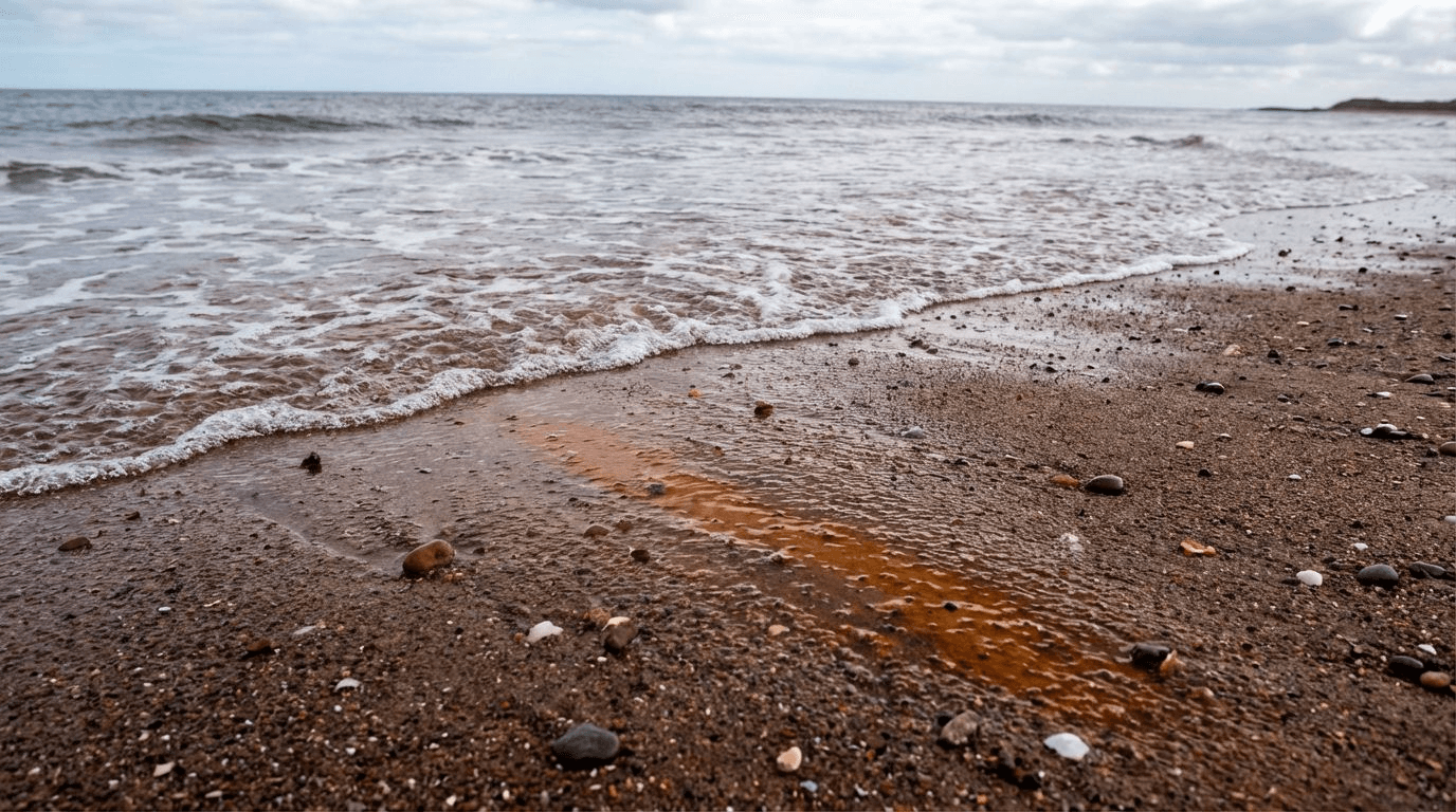 Close-up of Curracloe Beach sand with gentle waves washing over, iron-rich reddish sand when wet