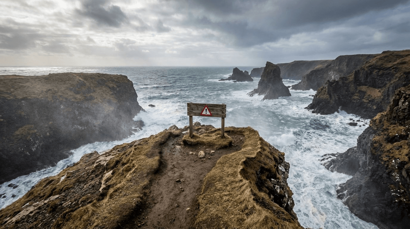 Warning sign at cliff edge with unprotected drop visible, dramatic coastal scenery, sense of raw natural power