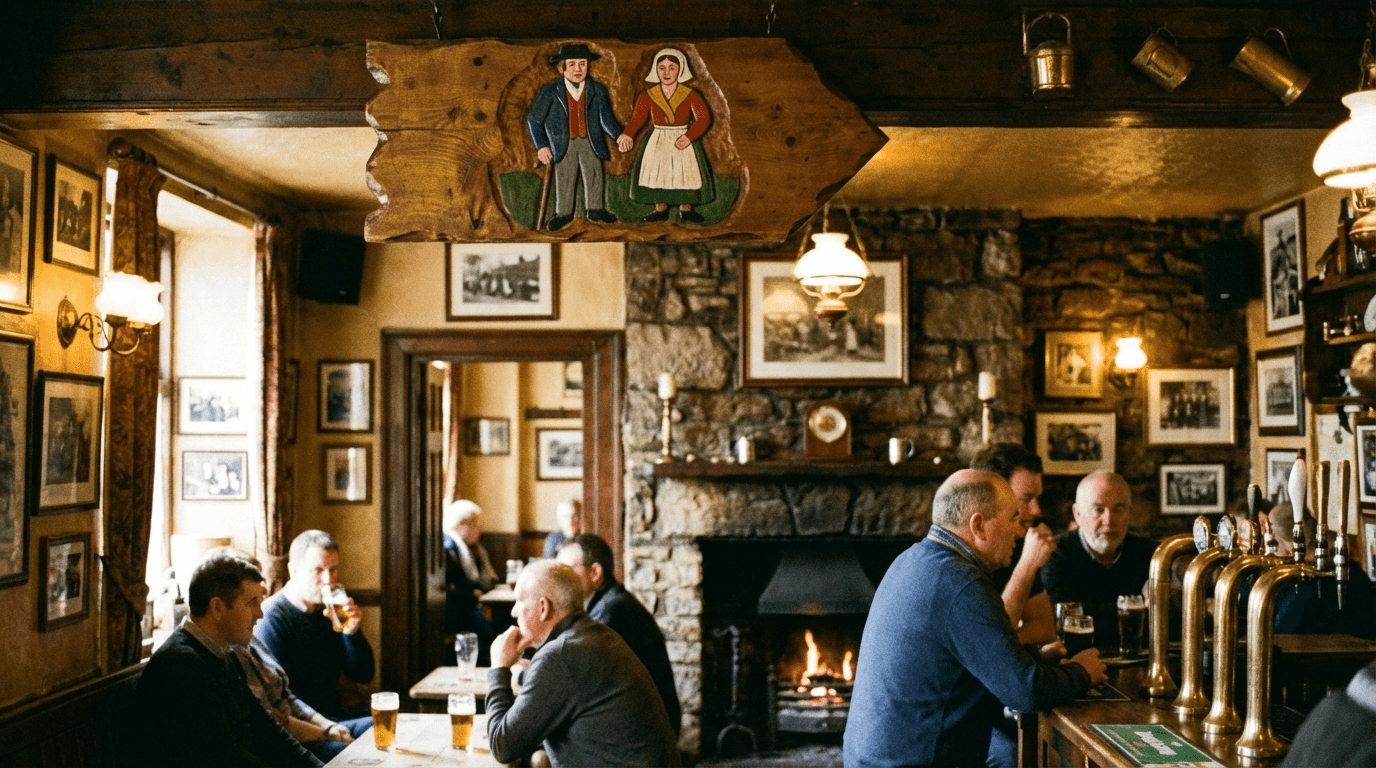 Rustic sign for toilets in traditional Irish pub with traditional decor and warm lighting