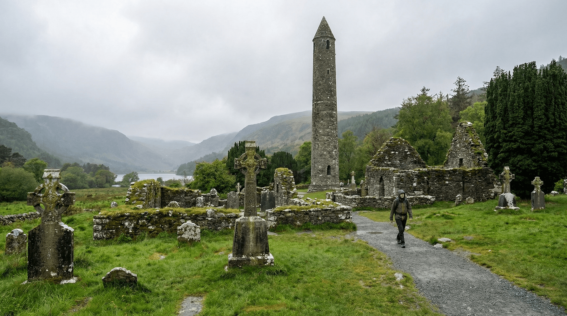Stone round tower at Glendalough with Celtic crosses