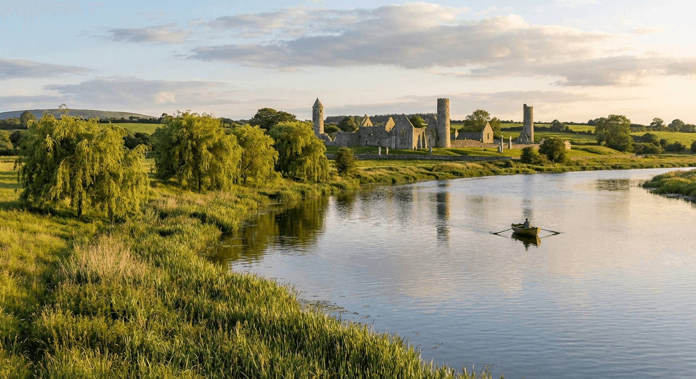 The River Shannon flowing peacefully past Clonmacnoise monastery ruins