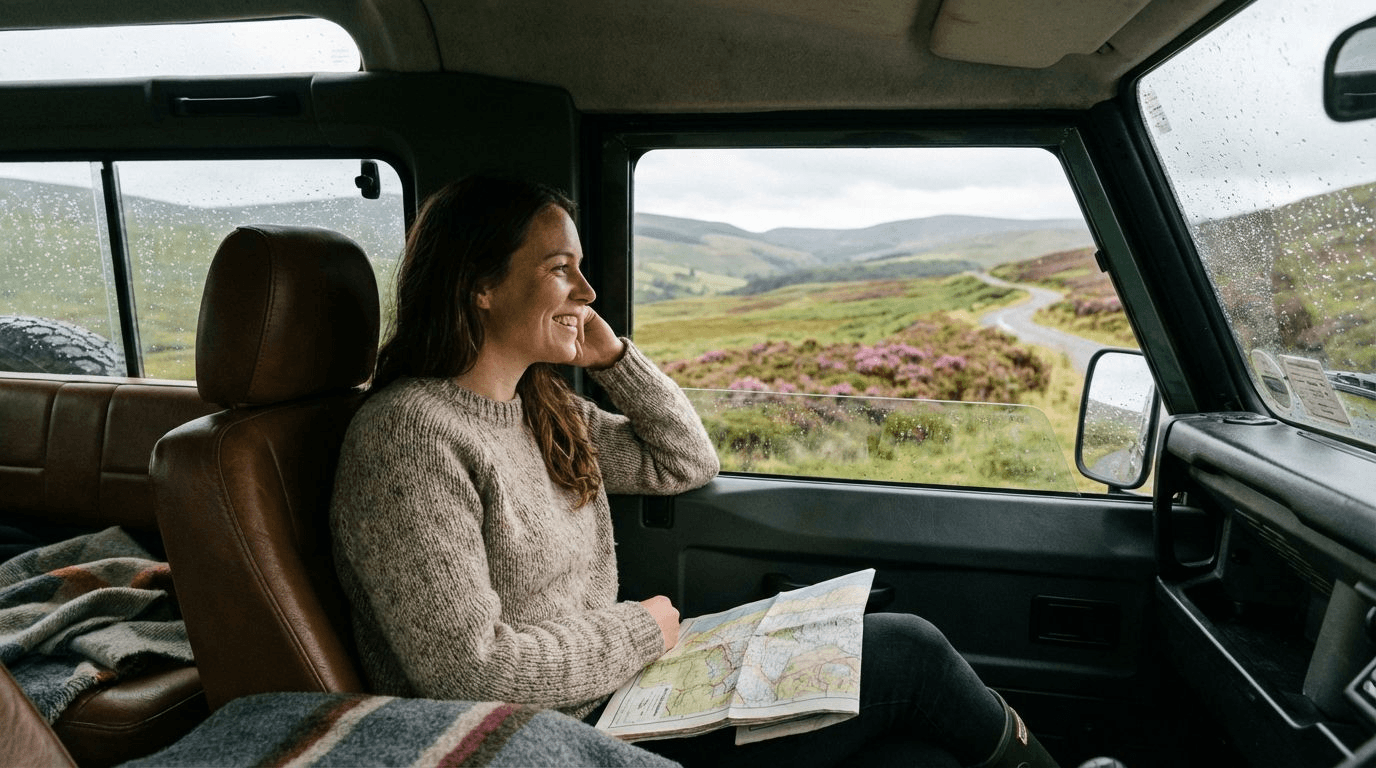 Interior of a comfortable car driving through the Wicklow mountains, passenger enjoying the scenic view through the window