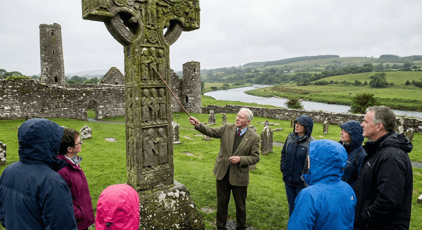 Historical guide explaining carved details on an ancient high cross to visitors at Clonmacnoise