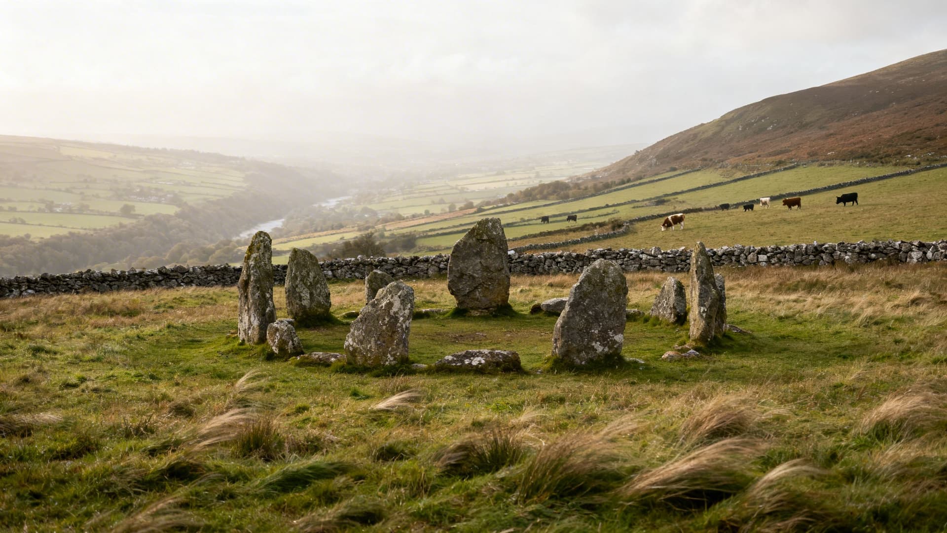 Bronze Age stone circle on an elevated hillside overlooking a valley near Swanlinbar in County Cavan