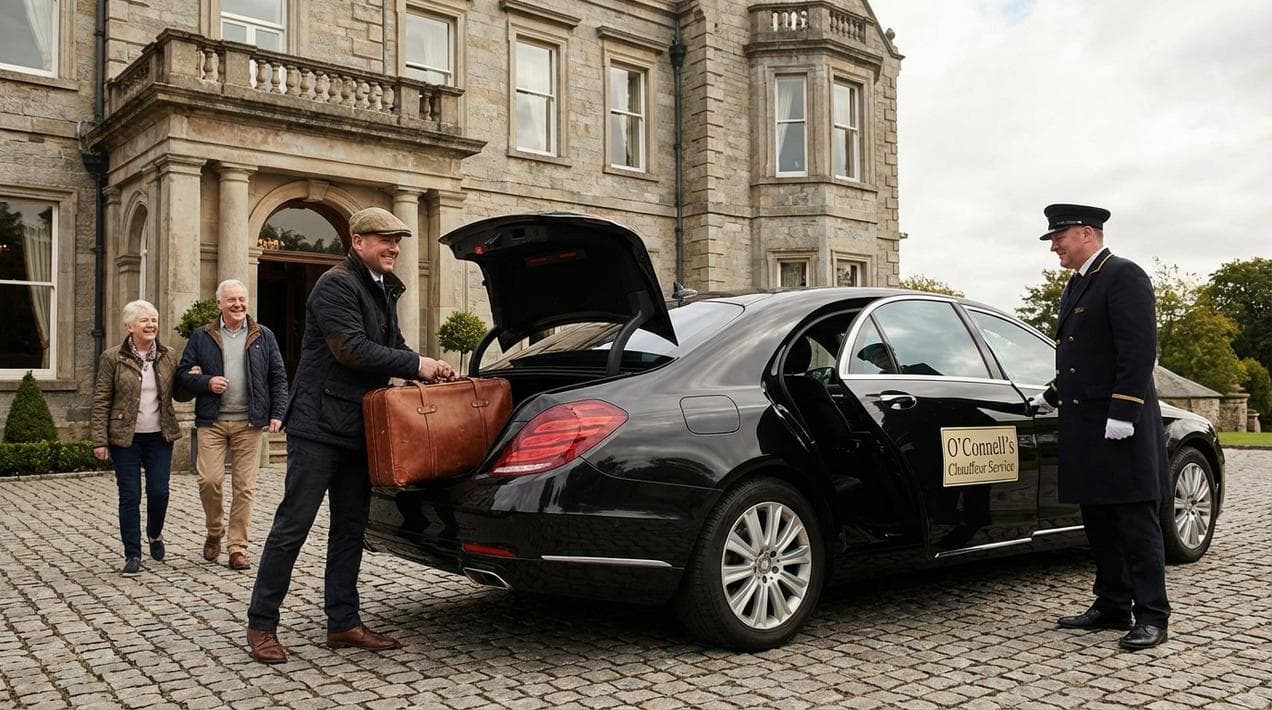A private driver handling luggage for senior travelers.