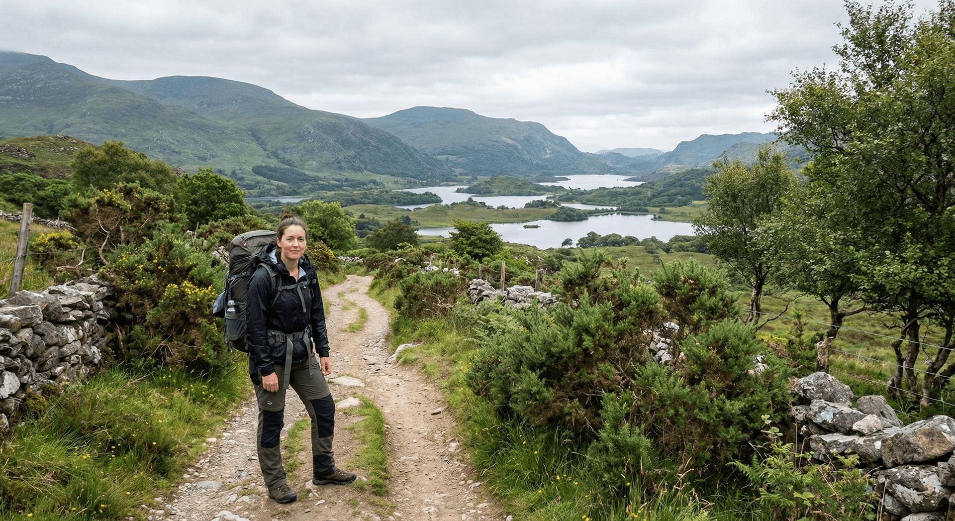 Female hiker on trail in Killarney National Park with mountains and lakes