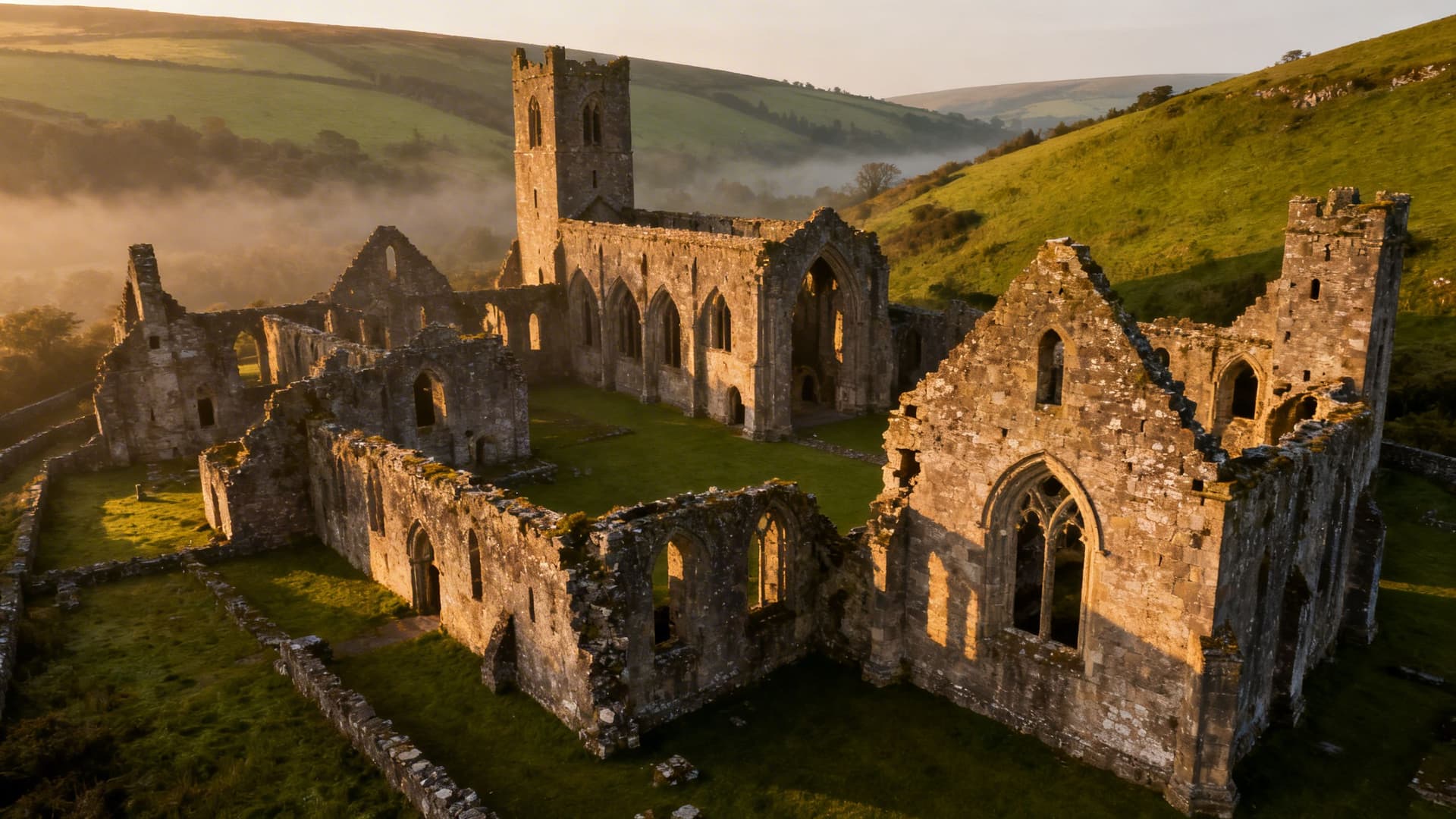 The Benedictine abbey ruins at Fore village in north Westmeath, roofless stone walls and walled enclosure under open sky