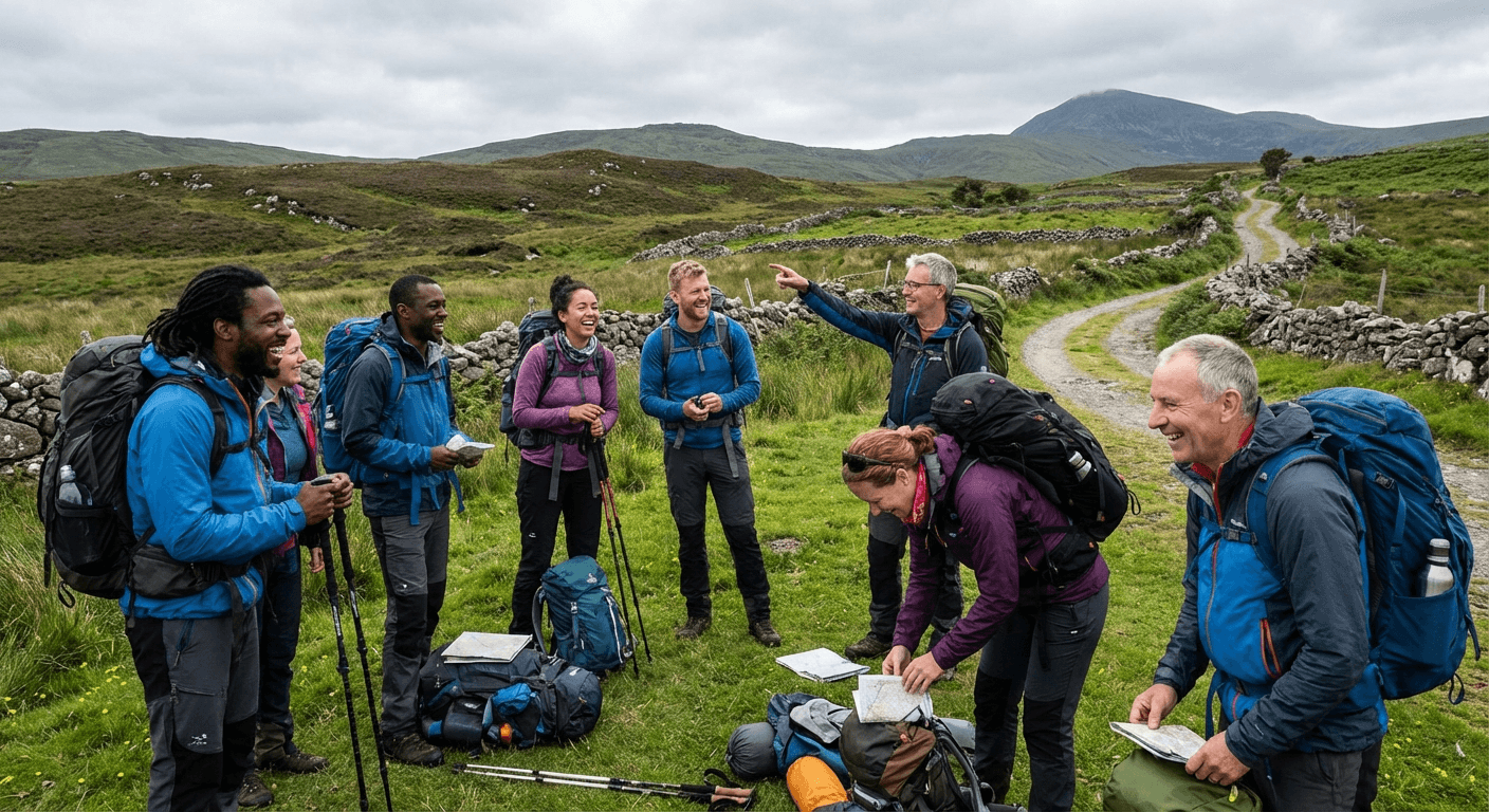Group of diverse adventurers preparing for outdoor activities