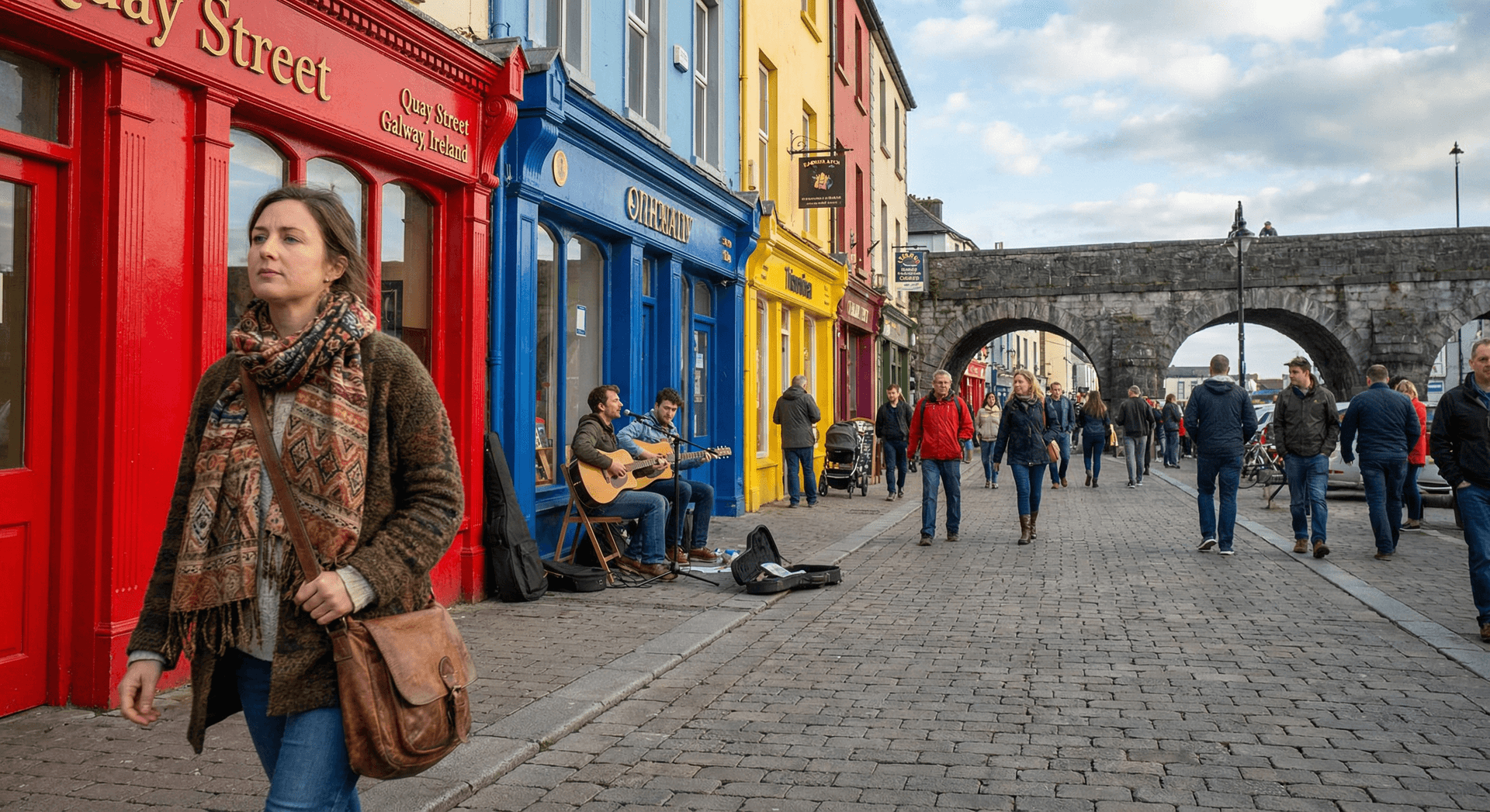 Woman walking along colorful shopfronts of Galway Quay Street with Spanish Arch
