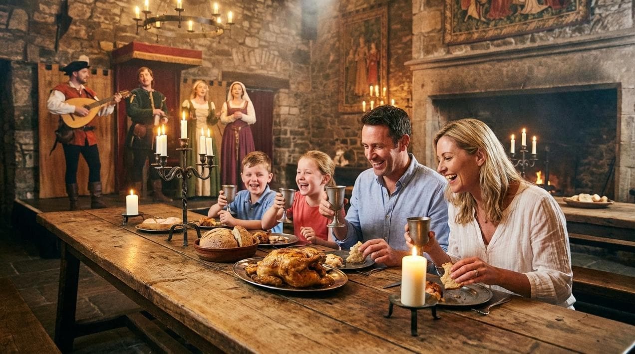 Family enjoying the medieval banquet at Bunratty Castle.